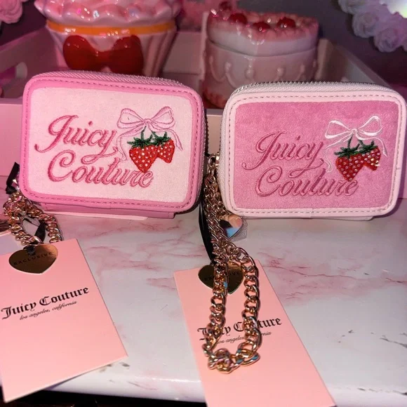 Juicy Couture (2) RETRO Strawberry Mini CC Zip Around Wallets with Gold Chain - Picture 2 of 9